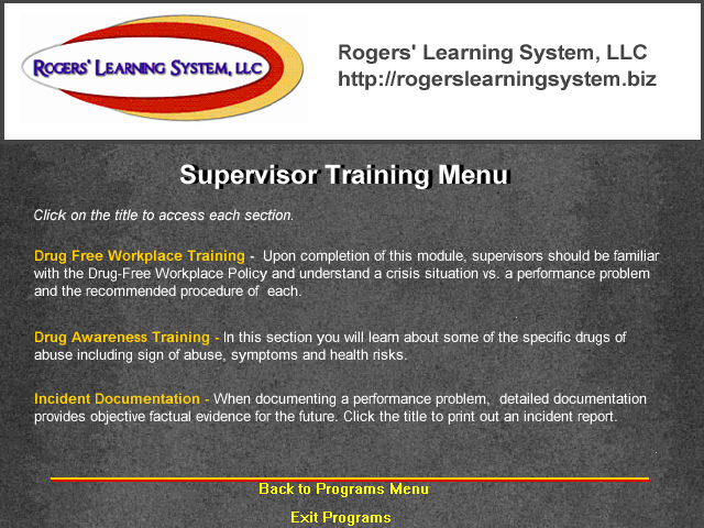 supervisor traning menu screen shot